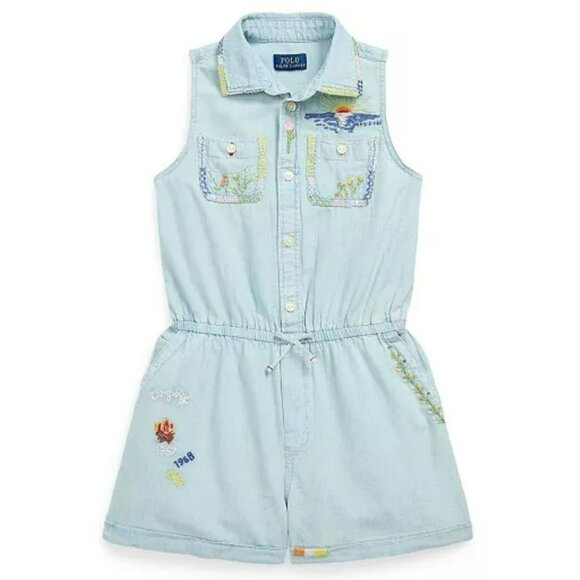 Polo Ralph Lauren Girls Embroidered Cotton Chambray Romper sz 14 - Picture 2 of 14